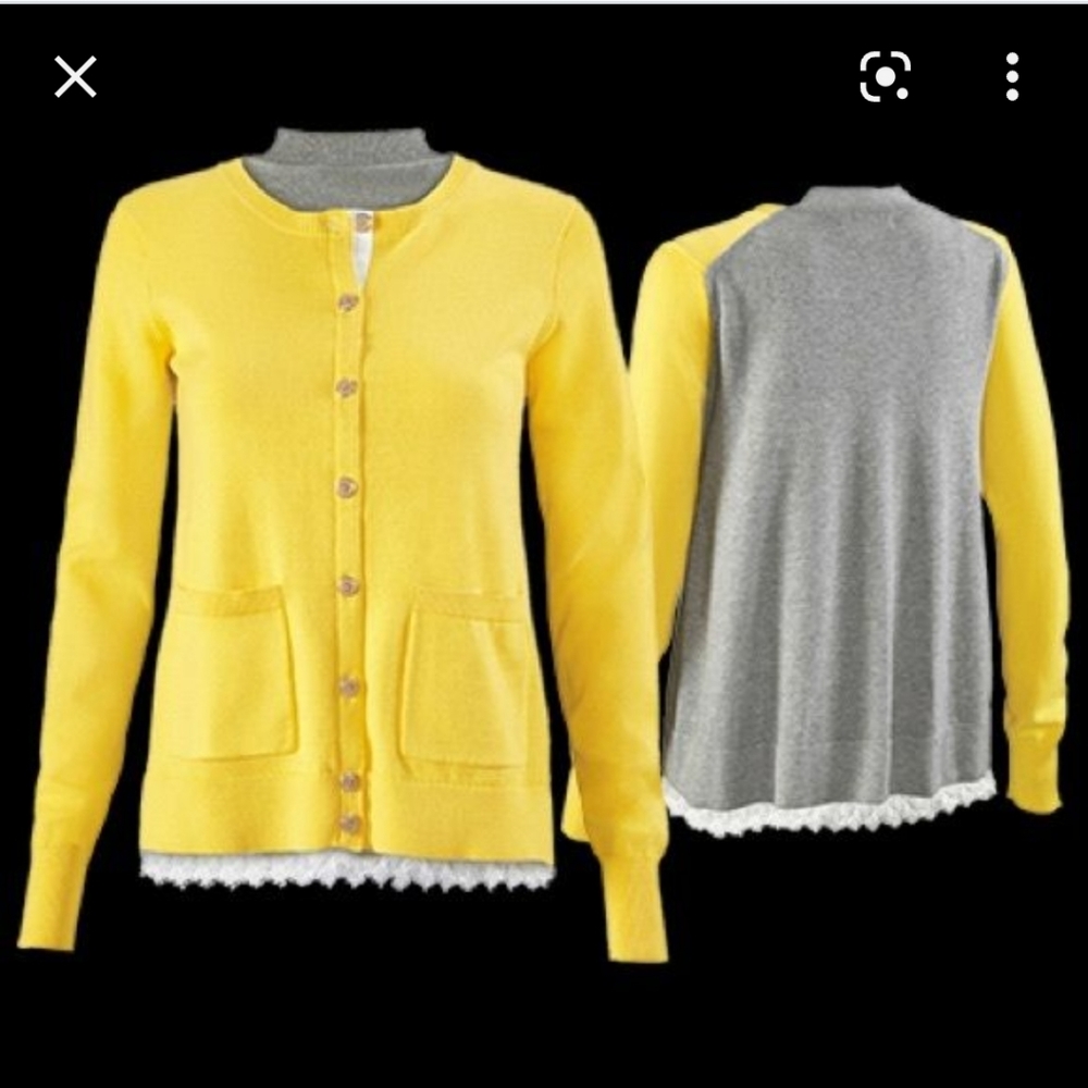 Cabi Belle Cardigan yellow gray lace Small